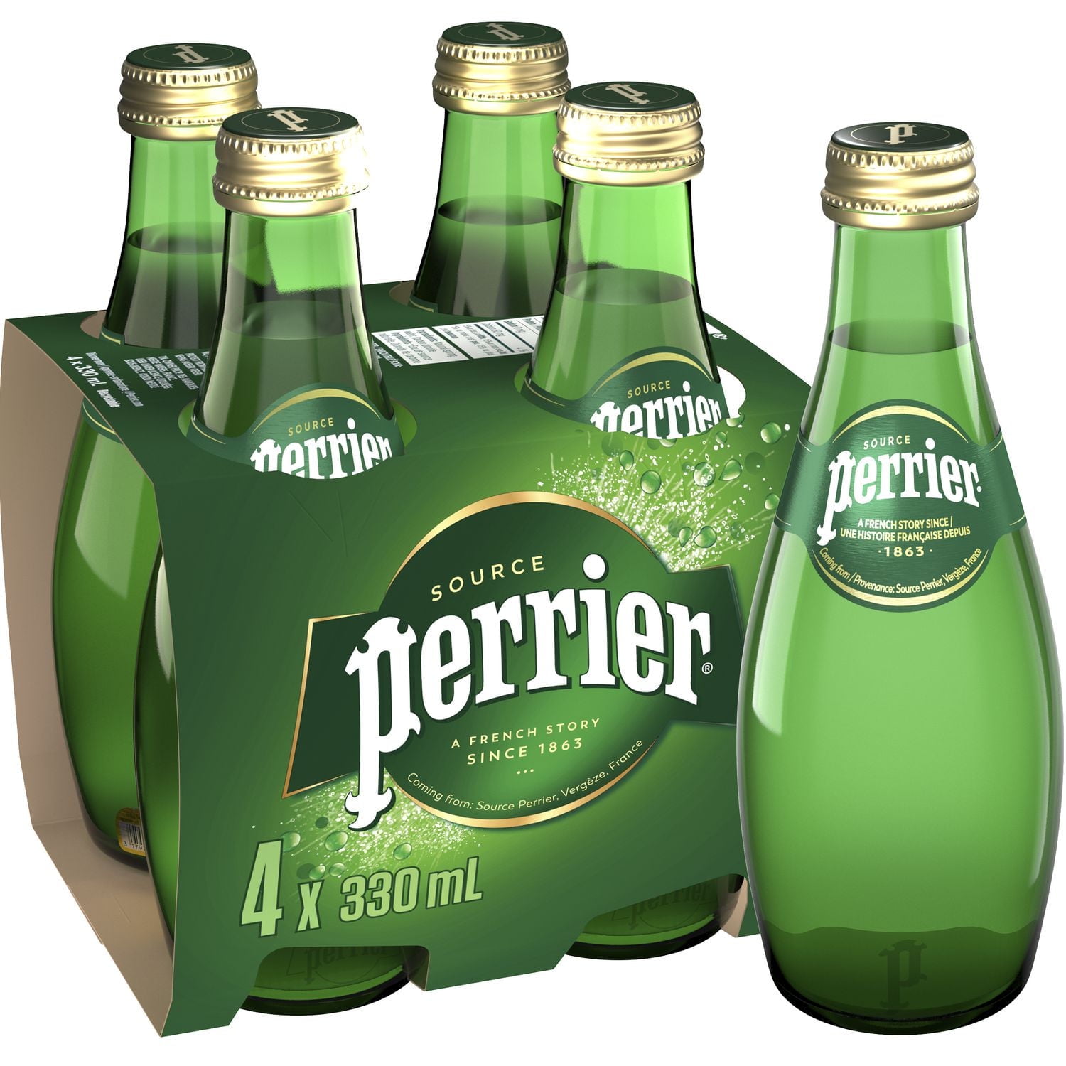 Perrier Sparkling Carbonated Water – 4x330 mL Glass Bottle, 4 x 330mL