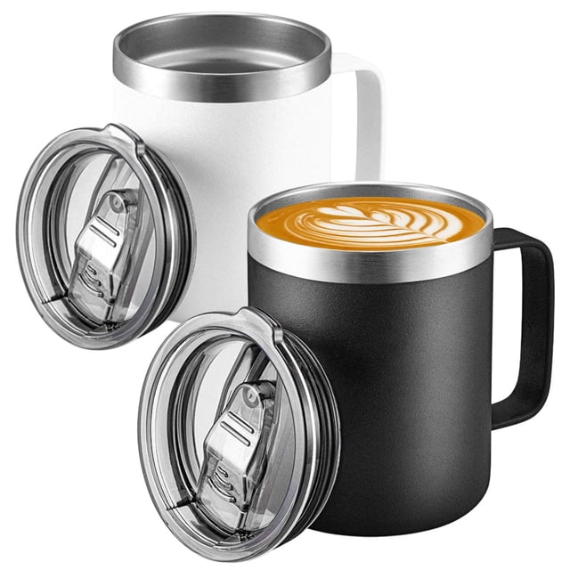 MXHIGO 2Pcs Taza de Café Aislada de Acero Inoxidable de 350ml/12oz con Tapa Deslizante, Termo Taza de Café de Viaje con Asa, Vaso Térmico de Frío y Caliente