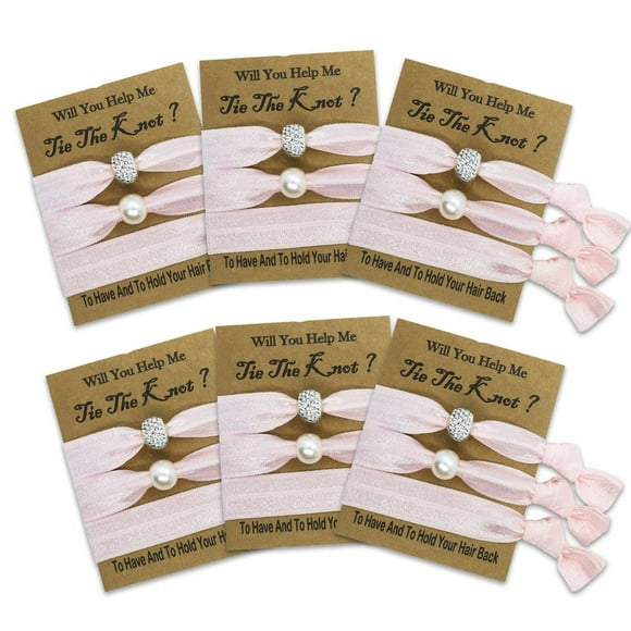 Bridesmaid Bliss Hair Tie Set - 6 Packs of Thoughtful Proposal Gifts for Bachelorette Parties and Bridal Showers, Perfect for Celebrating Your Wedding Crew in Light Pink.