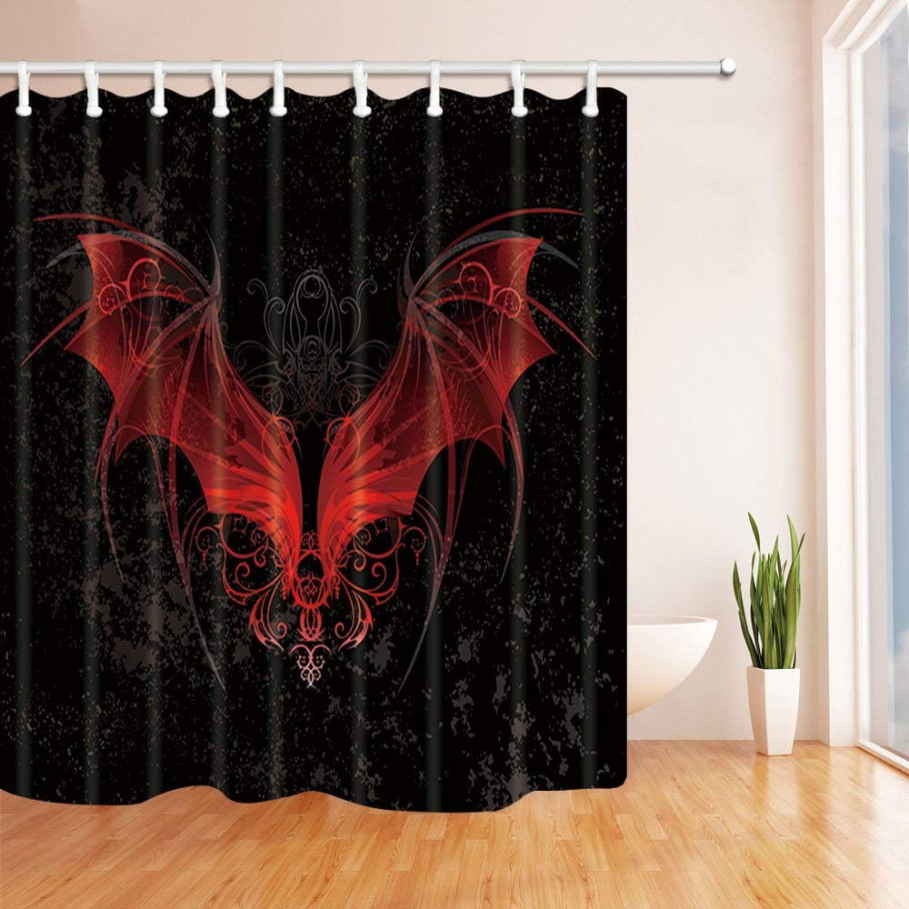 Bird Red Dragon Wings In Black Bathroom Shower Curtain Set Fabric &12 Hooks 71" 
