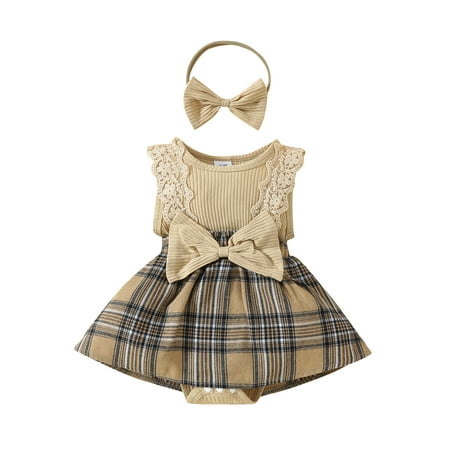 

FEORJGP Toddler Baby Girls Summer Rompers Dress 3M 6M 9M 12M 18M Newborn Lace Fly Sleeve Jumpsuit Dress Bowknot Plaid Skirt Hem Bodysuits Crew Neck Preadband Infant Cute Casual Daily Clothes