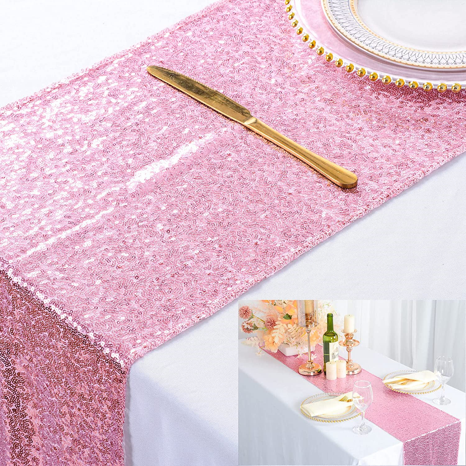 Hot Pink Glitter Sequin Tablecloth Wedding Engagement Reception Party Decoration 