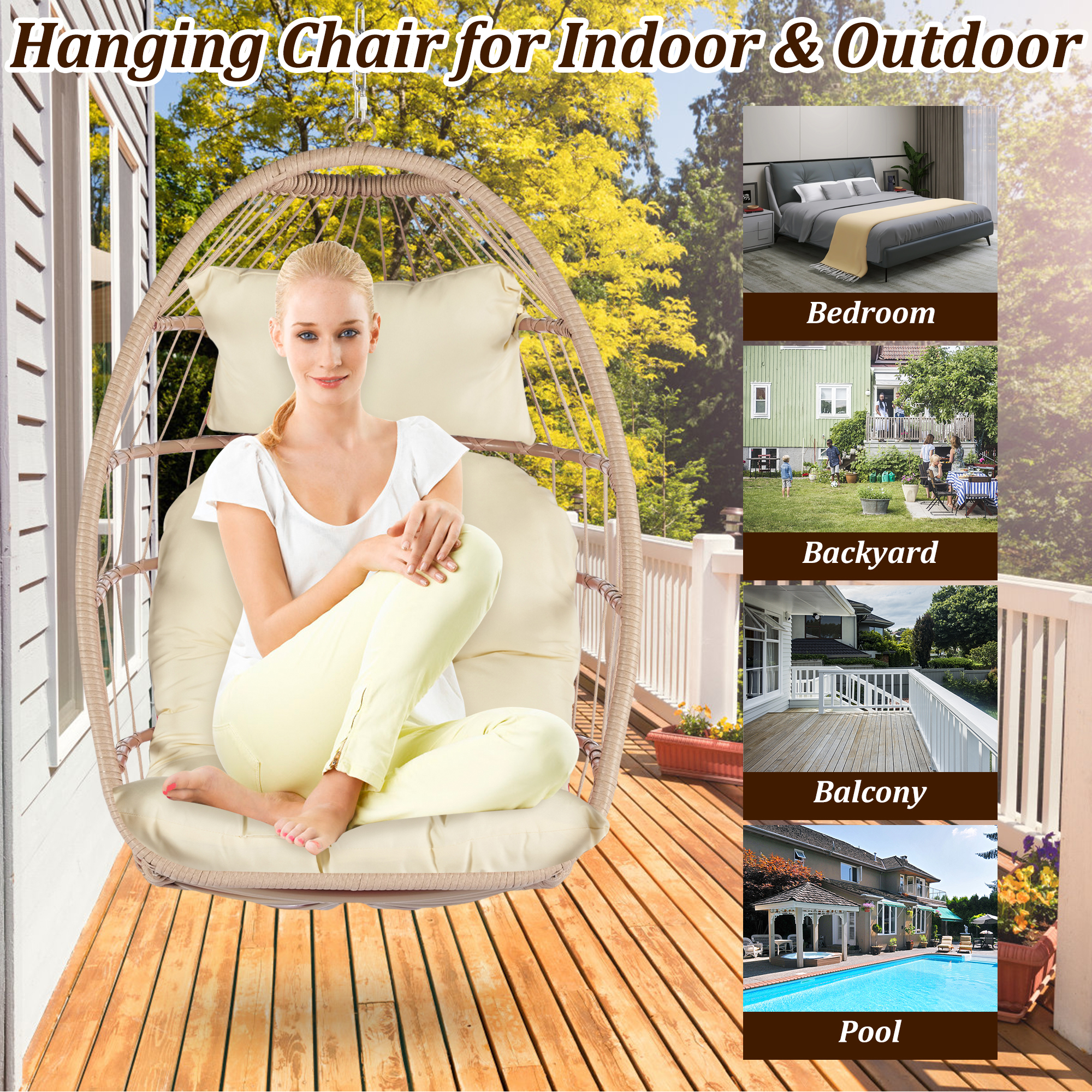 Wicker Folding Egg Chair, Indoor Outdoor Swing Egg Chair, Garden Porch Backyard Patio Lounge Chair, Khaki Cushion - image 4 of 10