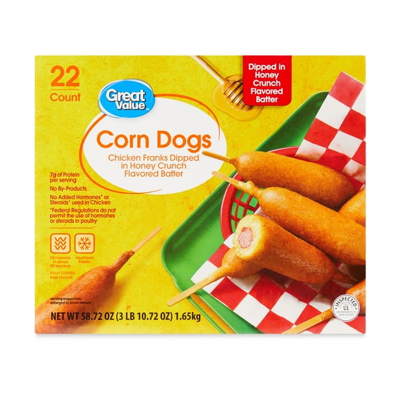 Great Value Classic Batter Wrapped Chicken Corn Dogs, 58.74 oz, 22 Count Box (Frozen)