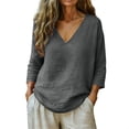 thumbnail image 2 of Xdegoge 3/4 Sleeve Cotton Linen Blouses for Women V Neck Relaxed Fit Tunic Tops Casual Flowy Shirts Lightweight Breathable Fashion Summer Spring Clothing Textured Tops, 2 of 6