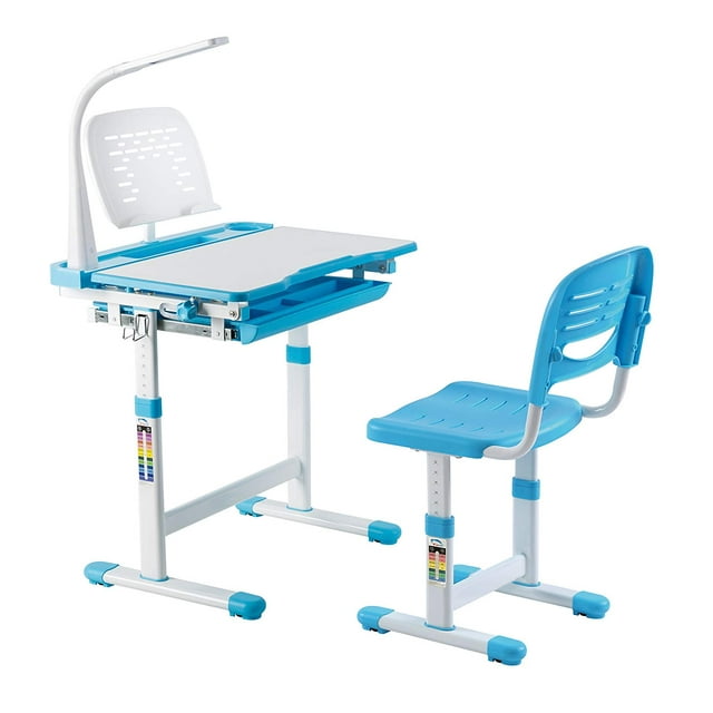 Avicenna Bureau pour Enfants / Ensemble Bureau et Chaise pour Enfants avec Porte-Livre et Lampe DEL Inclus / Offre Groupée / Table d'Art Bleue - (Bleu)