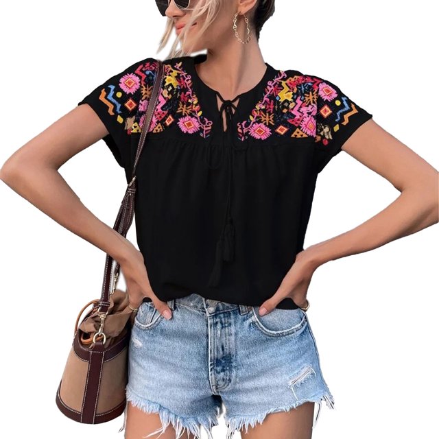 Blusa bordada de manga corta Ticfox mujer con borlas Vintage negro M