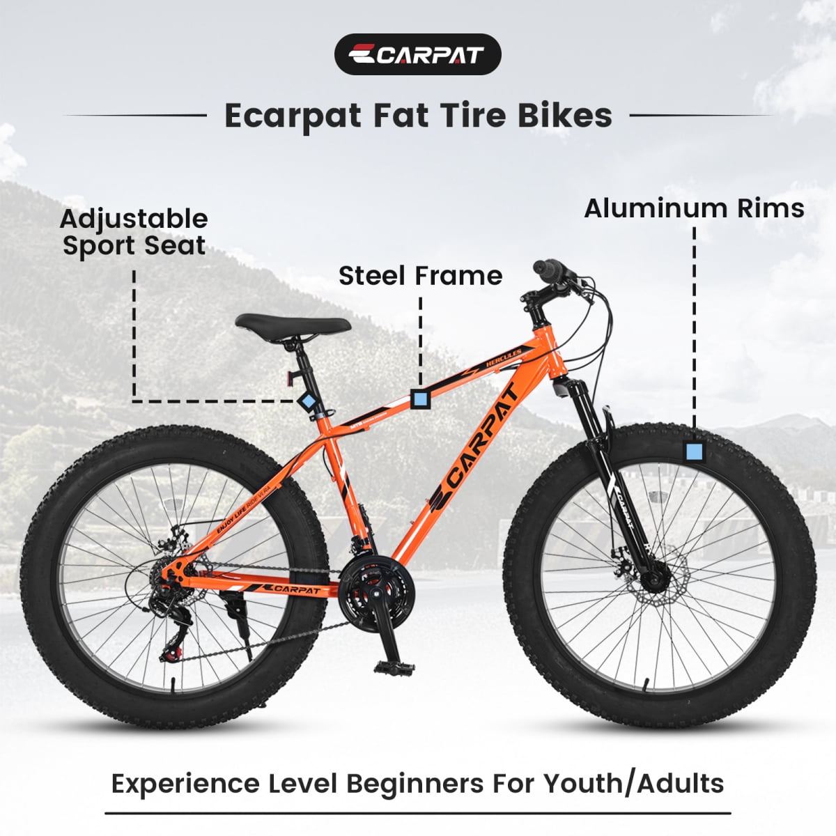 LuckyNote 26 Inch Fat Tire Mountain Bike, Full Shimano 21 Speed, Dual Disc Brake, High-Carbon Steel Frame, Front Suspension, Urban Commuter, Orange