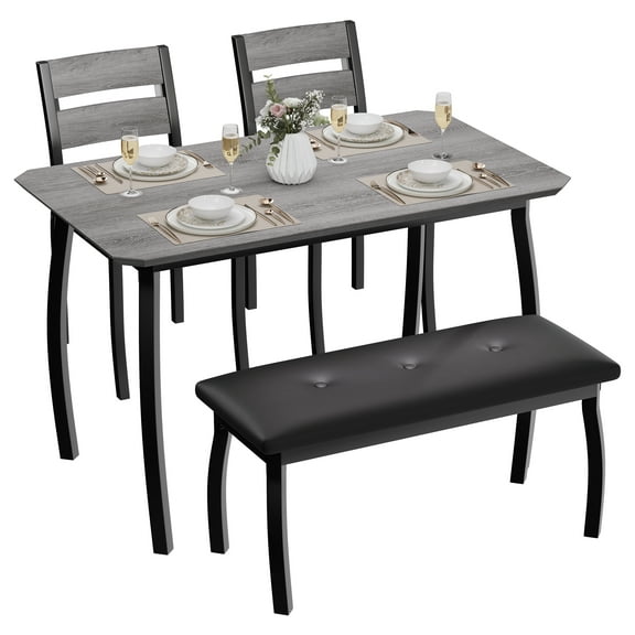 Dining Table Set for 4, Wooden Kitchen Table with Upholstered Bench & 2 Cushion Chairs, Metal Frame, Perfect for Small Spaces, Kitchen, Dining Room, Apartment, (43''x28''x30'')