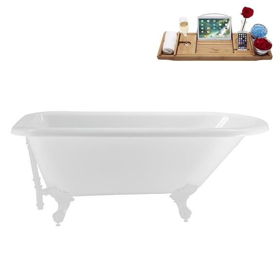 62" Streamline N4840WH-WH Soaking Clawfoot Tub and Tray With External Drain in Glossy White and Glossy White Clawfeet