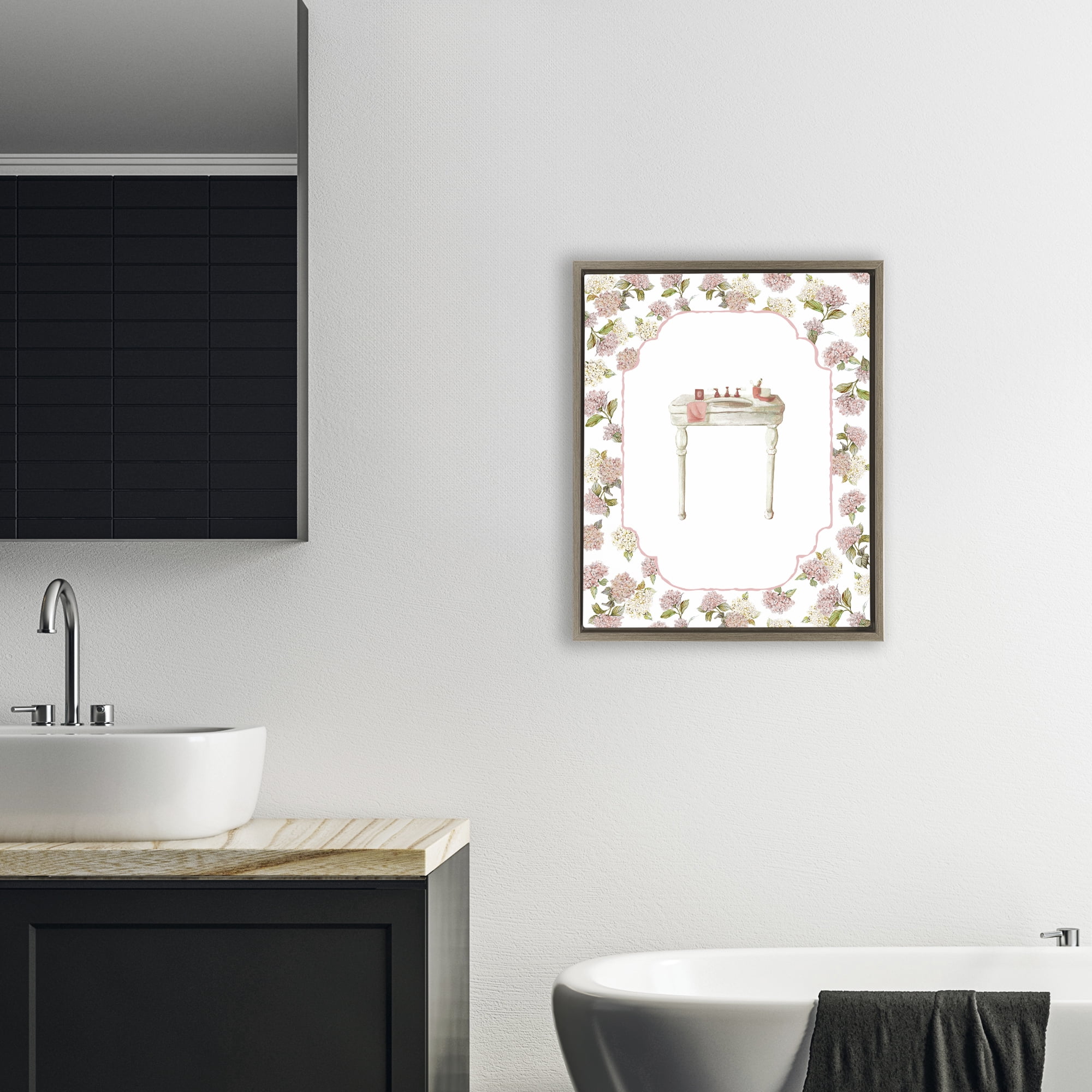 Stupell Industries Elegant Hydrangeas Vanity Brown Framed Floater Canvas Wall Art, design by Carol Robinson
