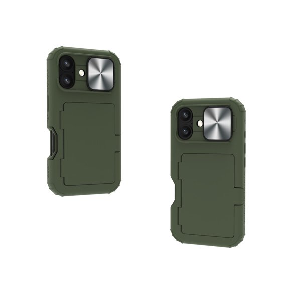 ELEHOLD for iPhone 16 Case,Built-in Card Holder Slide Len Cover Military Grade Drop Rugged Shockproof Protective Phone Case for iPhone 16,Green