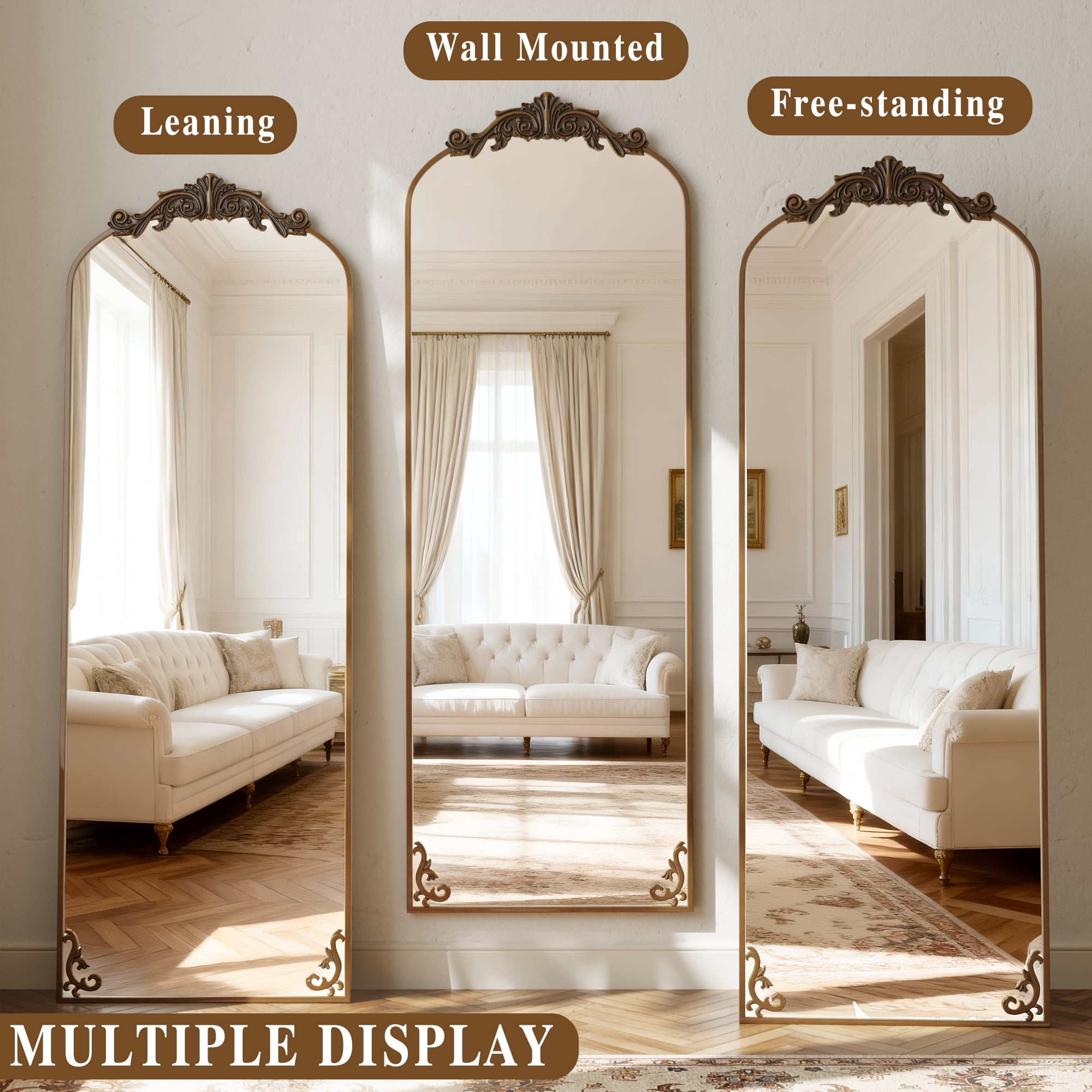 AUROMIR 71"x 32" Arched Floor Mirror Full Length Mirror Baroque Vintage Mirror with Carved Frame, Antique Bronze