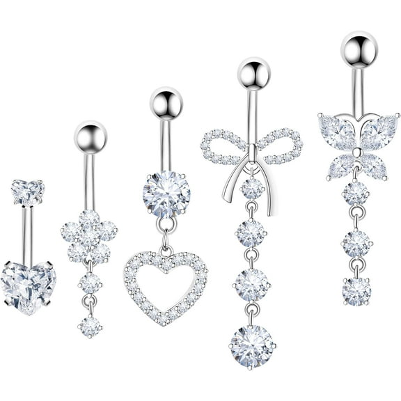 14G Silver Stainless Steel Cute Pink CZ Heart, Butterfly, Bow, Flower Belly Button Rings - Dangling Navel Piercing Jewelry Set for Women