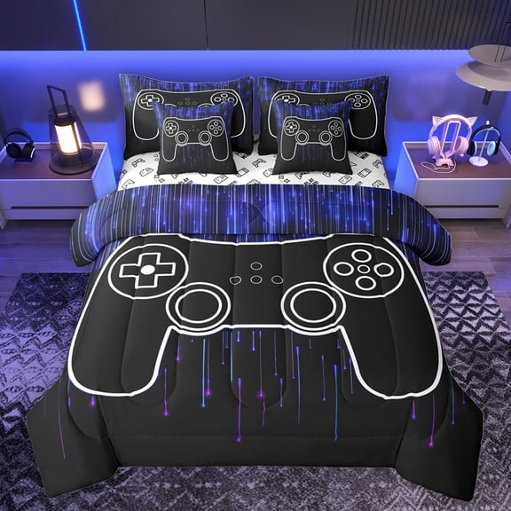jejeloiu Gamepad Gamer 7-Piece Twin Bedding Sets,Modern Video Game Bedding Comforter Set,Blue Black Sheet Sets For Boys Kids,Luxury Bedroom Decor Reversible