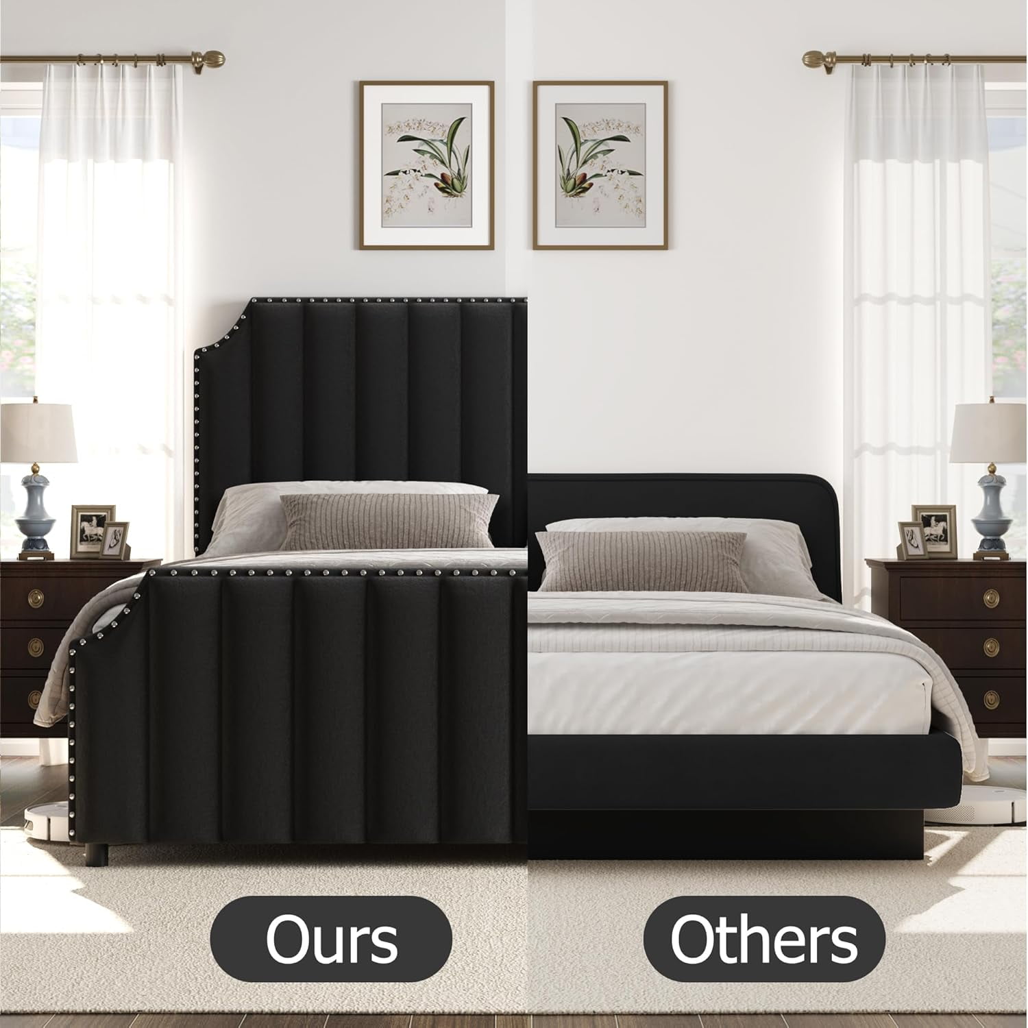 Garvee Queen Size Platform Bed Frame, Velvet Upholstered with 50.2" Channel Tufted Headboard, Nailhead Trim, Sturdy Wood Slats, No Box Spring Needed, Black