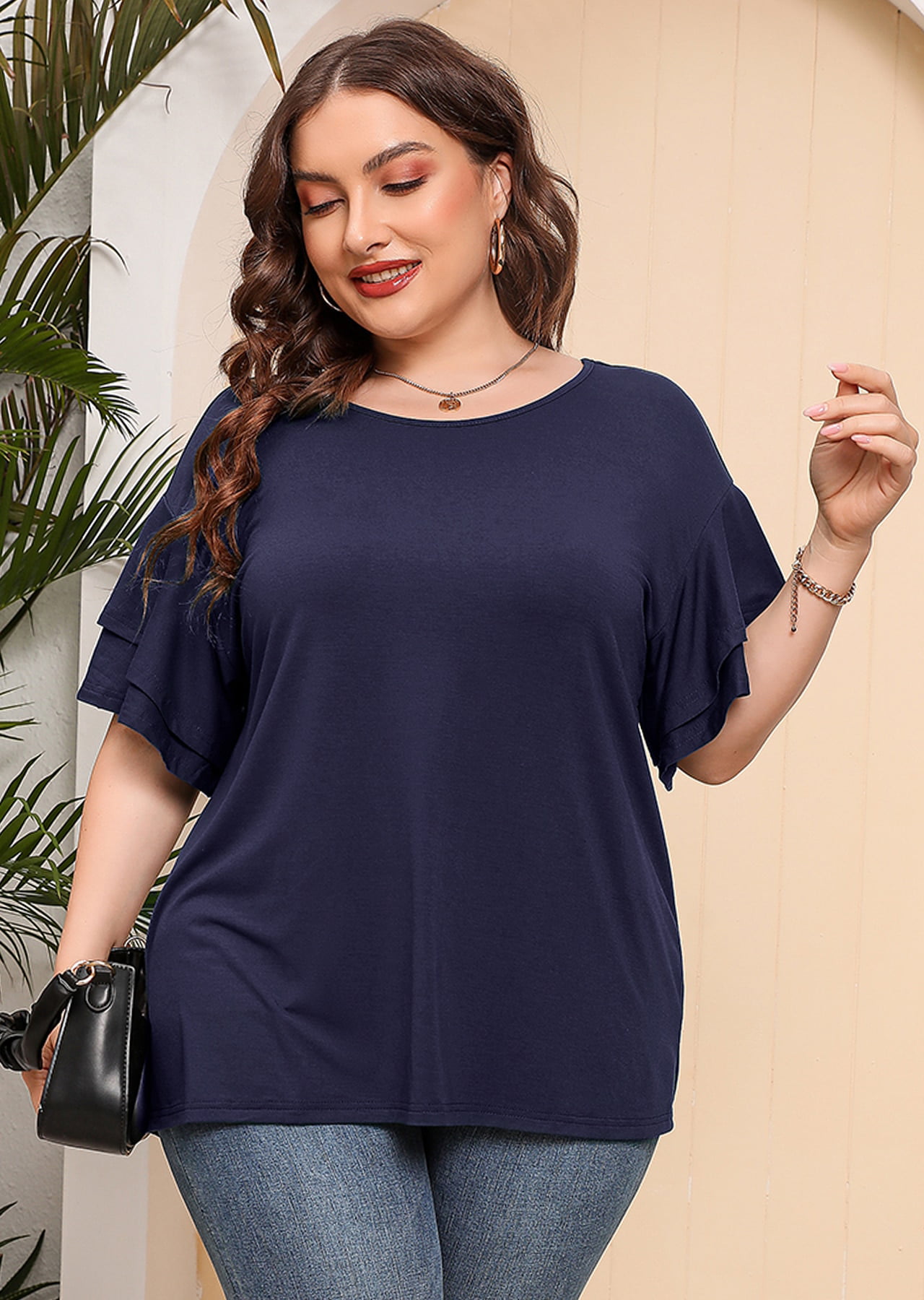 SHOWMALL Plus Size Clothes for Women Navy Blue 3X Shirt Crewneck Short  Sleeve Tunic Flowy Summer Loose Fitting Clothes 