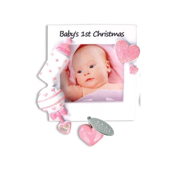 Baby Girl Picture Frame Ornament for Babys First Christmas Ornament Pink - Can Be Personalized at Home - Comes in a Gift Box So It's Ready for Giving