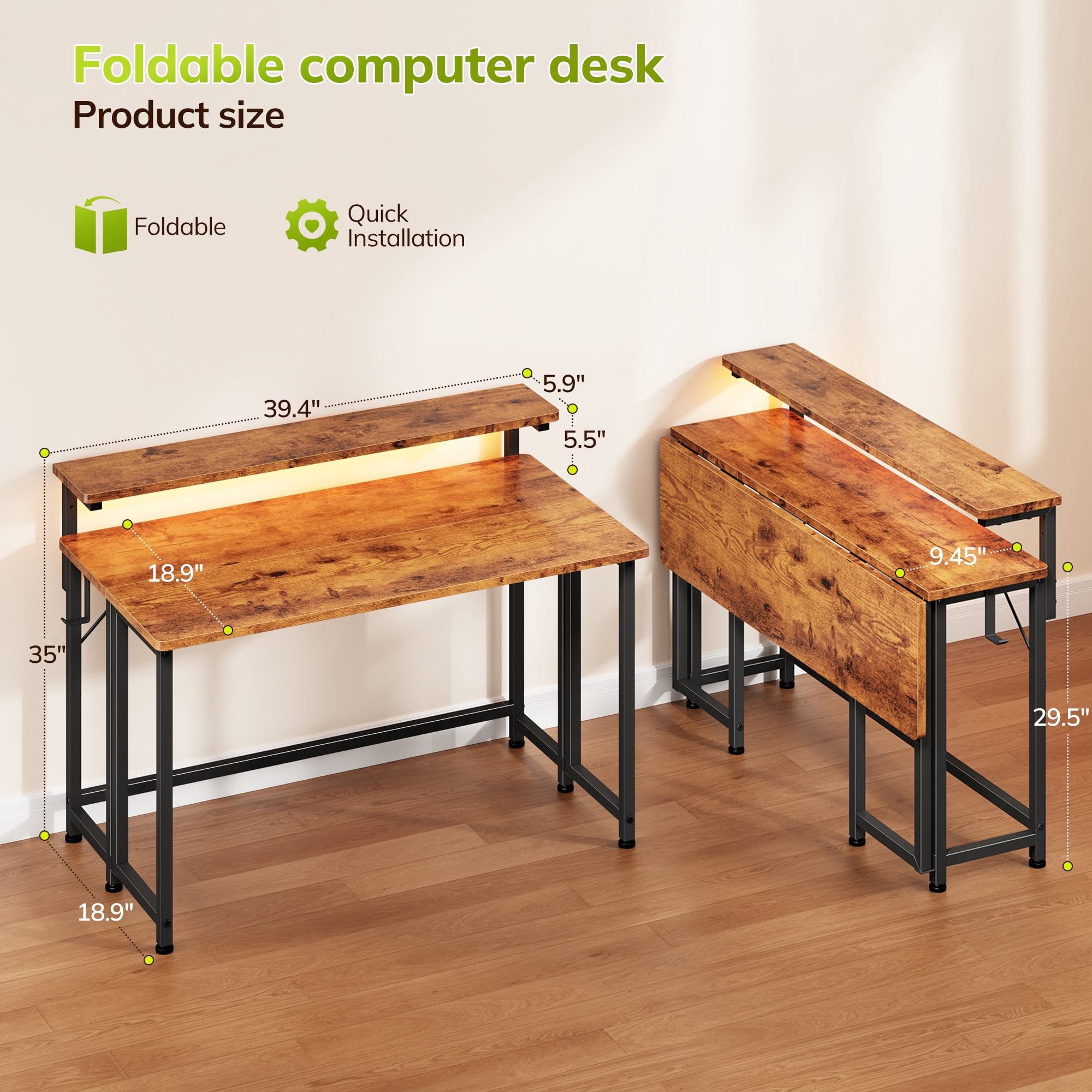 Romorgniz 39.4"D Computer Desk with LED Lights, Foldable Desk with Monitor Stand & Hooks, Computer Desk for Small Space, Rustic Brown