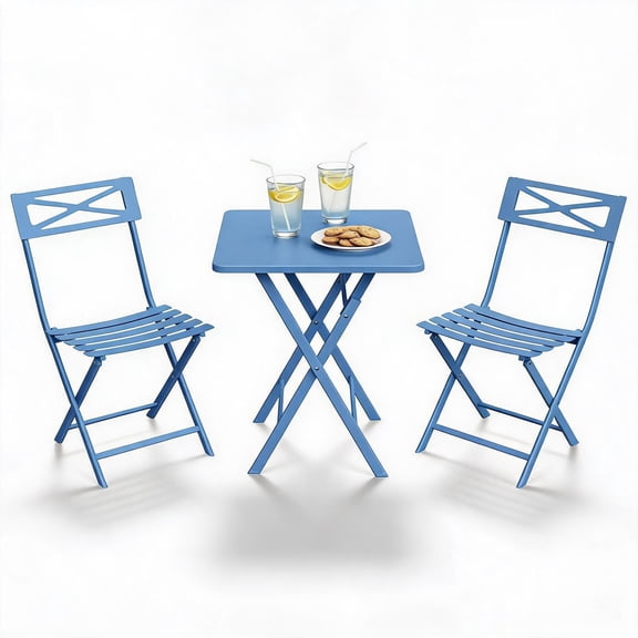 3-Piece Folding Bistro Set, Heavy Duty Iron Patio Table and Chairs Set of 2, Powder-Coated Outdoor Furniture for Balcony Garden Yard Blue