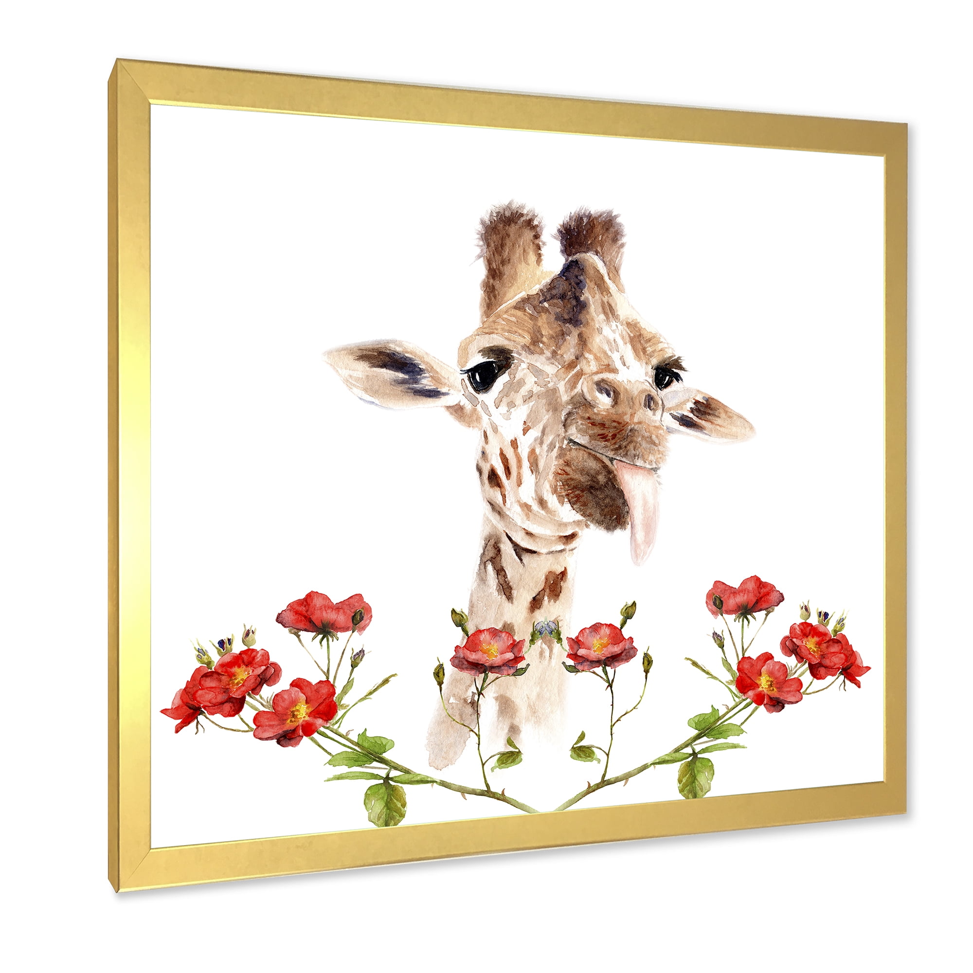 Designart 'Portrait of A Giraffe With Red Flowers I' Farmhouse Framed Art Print