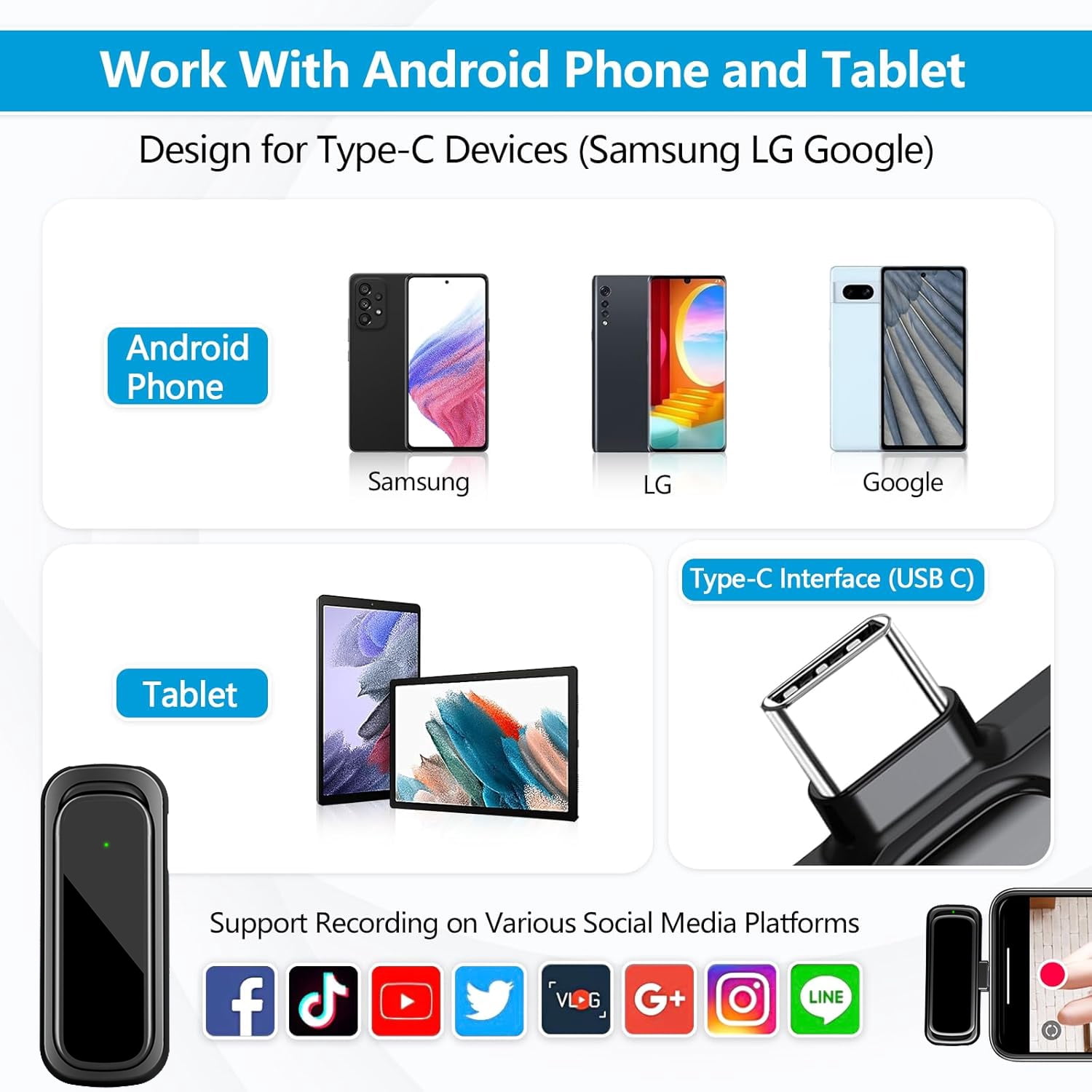 Wireless Lavalier Microphone for Android Phone, Mini Clip-On Mic with AI Noise Cancellation, Plug & Play 2.4GHz Mic for Vlogging, YouTube, TikTok, Podcast, Live Streaming