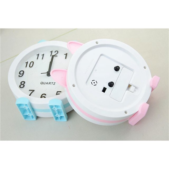 Despertador de gato para niñas, alarma de dibujos animados para niños y adolescentes Campana ruidosa y botón de luz nocturna para personas que duermen mucho (blanco redondo) Feliz Sencillez