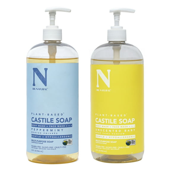 Dr. Natural Castile Liquid Soap Kit, Peppermint and Unscented, 2 Pc