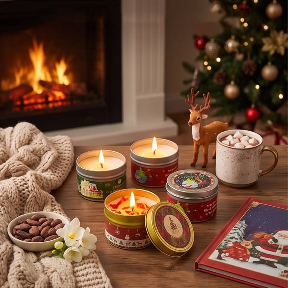 Miwamany 4 Pack Christmas Scented Candles with Dried Petals, Natural Soy Wax Aromatherapy Tin Candle Gift Box, Festive Home Fragrance for Holiday Party Decor