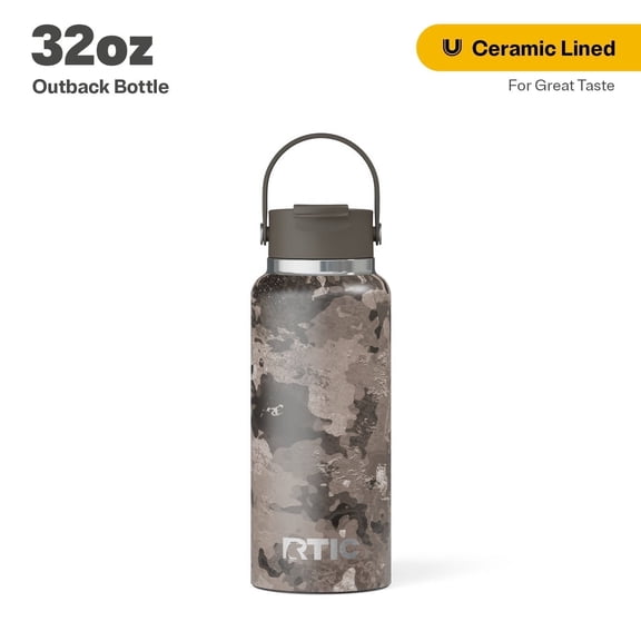 RTIC 32 oz Ceramic Lined Insulated Outback Water Bottle, Leak Resistant, Olive Midnight Camo