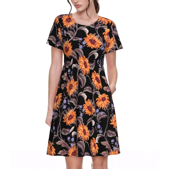 Kdxio Sunflowers Print Women's Casual T Shirt Dress Summer Short Sleeve Swing Dresses with Pockets