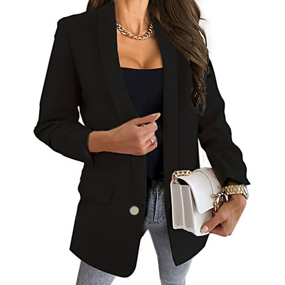 Jacenvly Business Attire Women Lapels Long Sleeve Mid-Length 2024 Blazers for Women Button Pocket Solid Cardigan Coat Soft Comfort Casual Refined Slimming Blouse