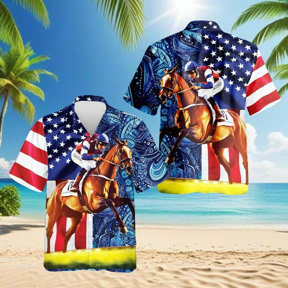 American Horse Racing Hawaiian Shirt for Men, Button Down Summer Beach Short Sleeve, S-5XL