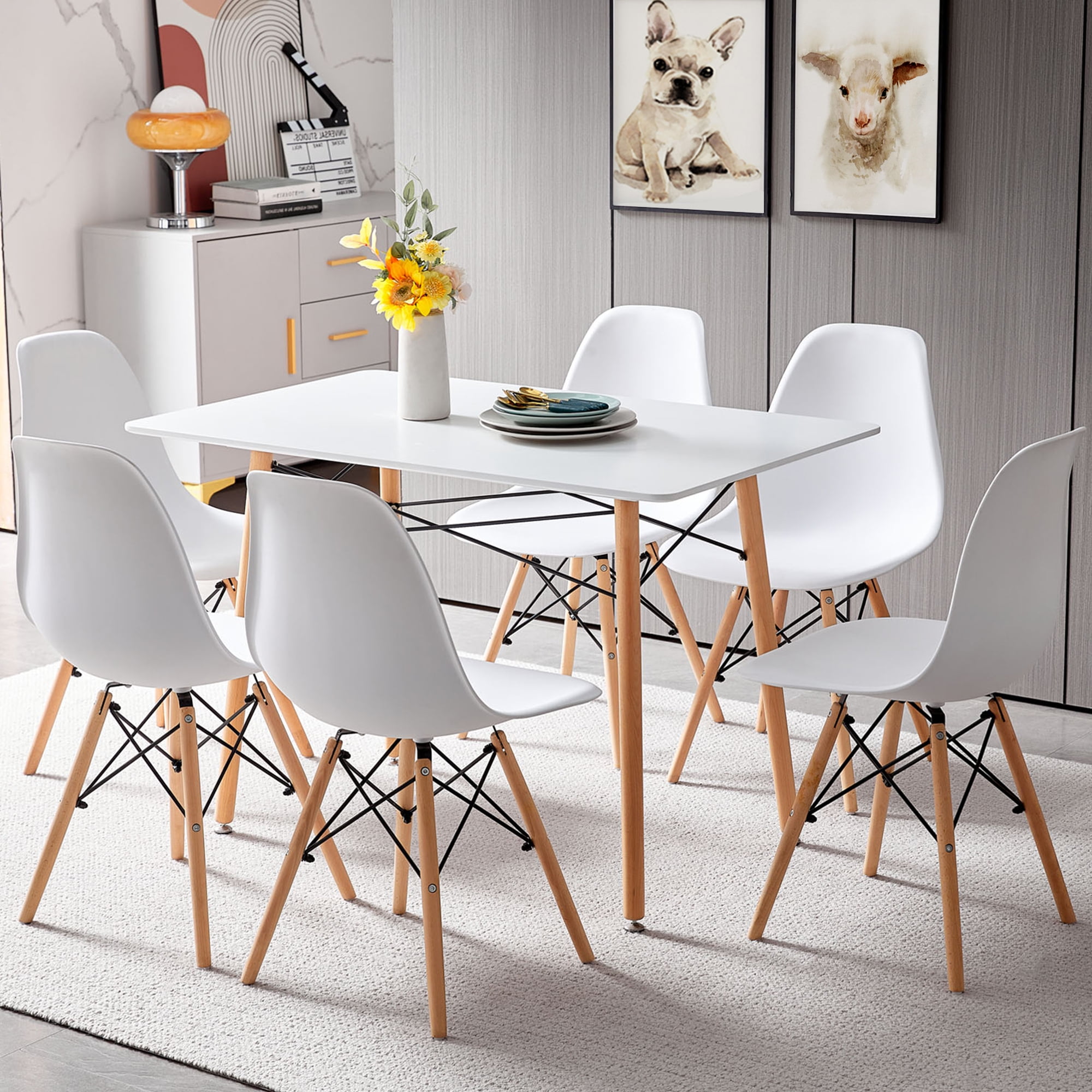 7 Pieces Dining Table Set for 6 People, White