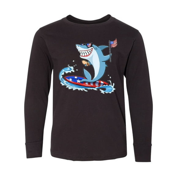 Inktastic Fourth of July Shark Surfing Long Sleeve Youth T-Shirt