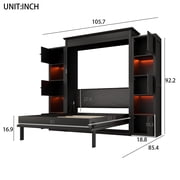 Euroco Wood Queen Size Murphy Bed with Shelves, Convertible Wall Bed with LED Light, Black