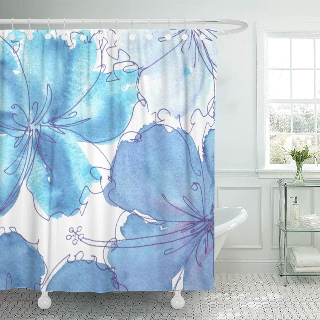 SUTTOM Livingroom Blue Hibiscus Flower White Shower Curtain 66x72 inch ...