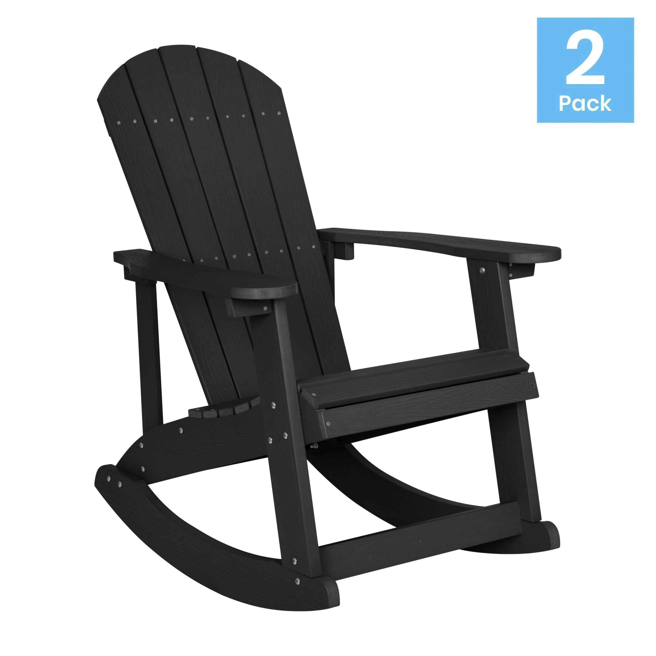 Emma + Oliver Set of 2 Classic All-Weather Poly Resin Rocking Adirondack Chairs in Black with Stainless Steel Hardware for Year Round Use