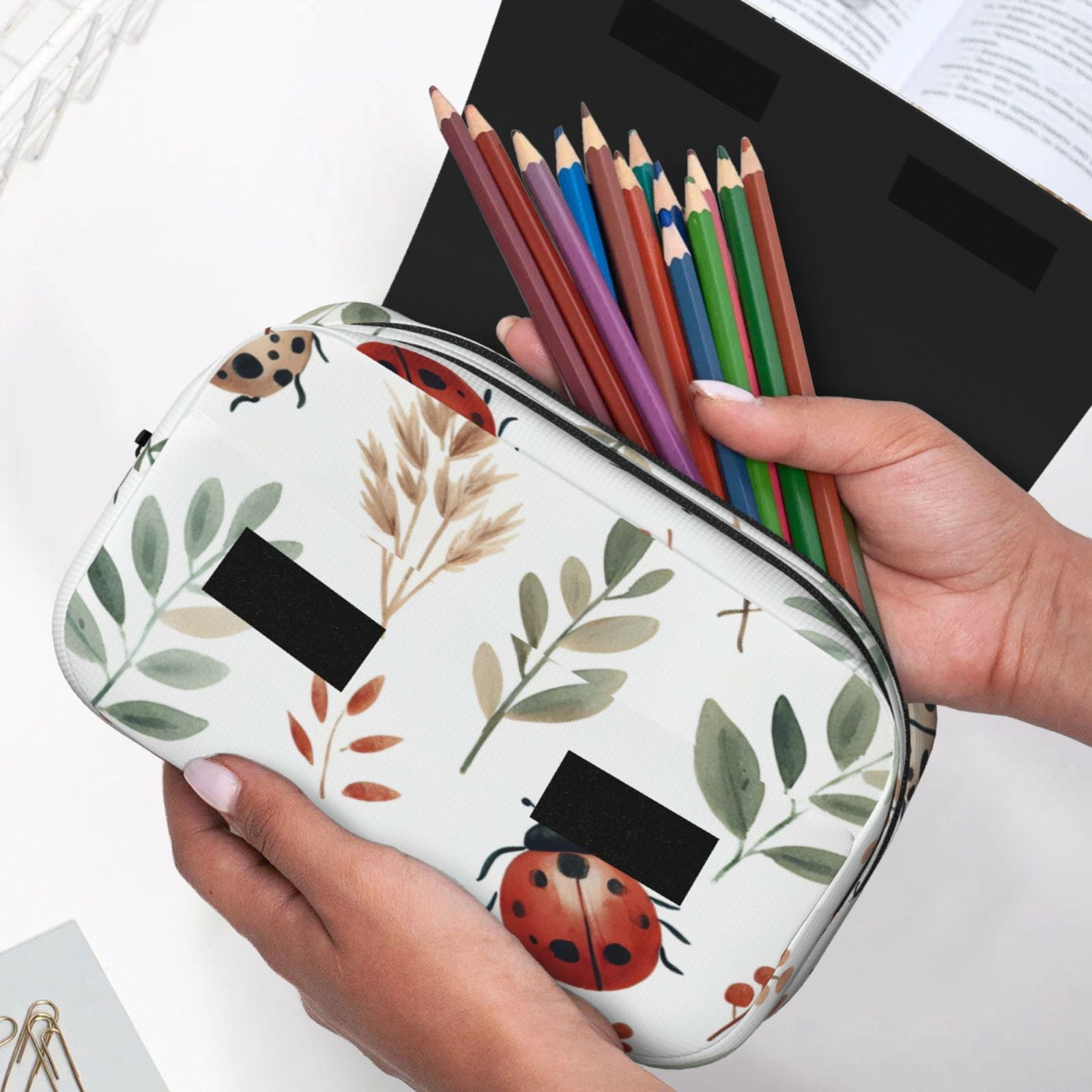 Rateoe Watercolor Ladybug Pattern Double Clamshell Pen Case, Storage Organizer with Two Zipper Compartments– Holds Up to 50 Pencils & Pens