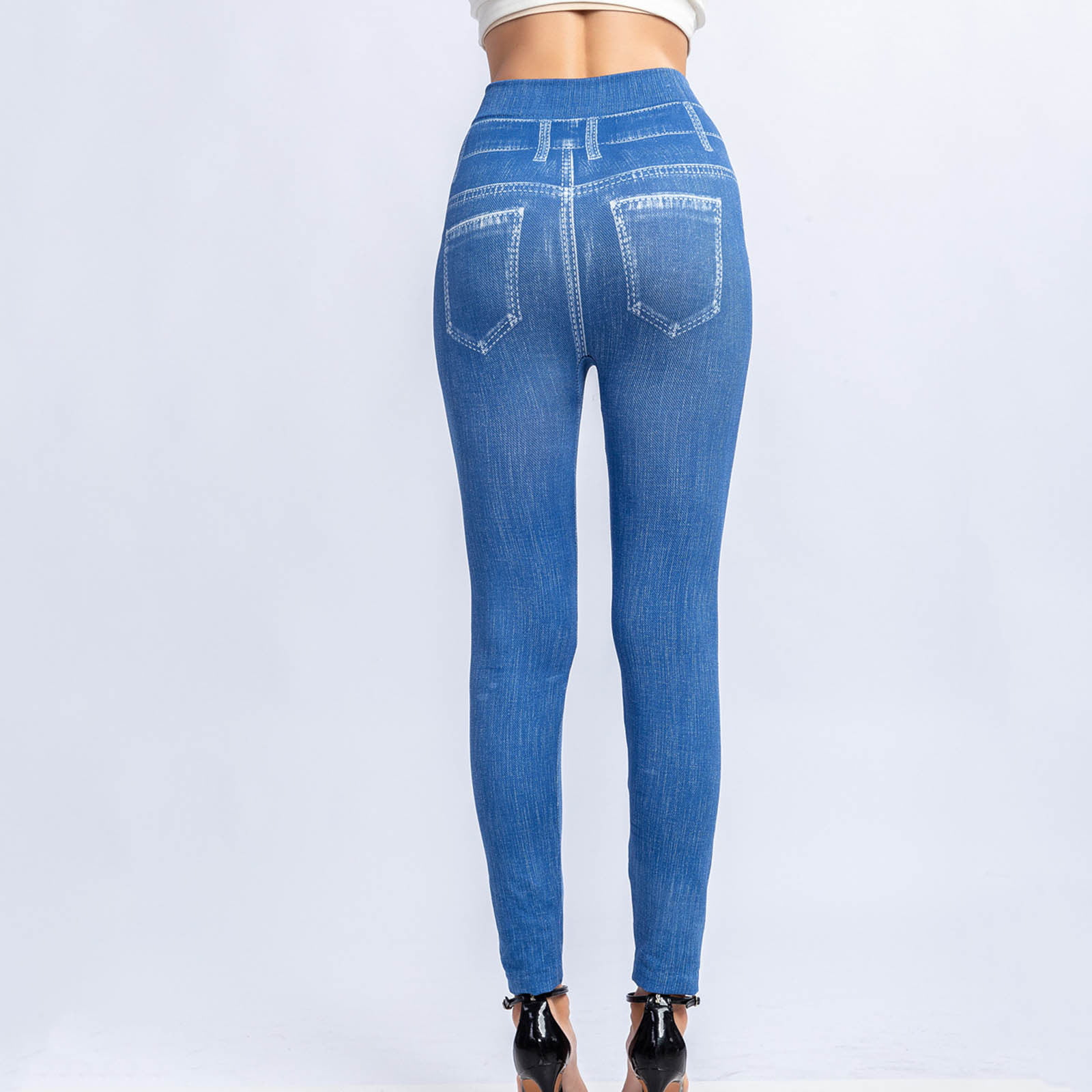 Women's Denim Print Fake Jeans Look Like Leggings Sexy Stretchy High Waist  Slim Skinny Jeggings Tights for Women 