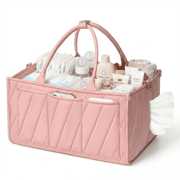 Diaper Caddy Organizer for Baby Essentials – Soft Blush Pink Storage Basket with Compartments, Shoulder Strap & Stroller Hooks – All-in-One Multifunctional Diaper Storage Tote for Nursery & Car