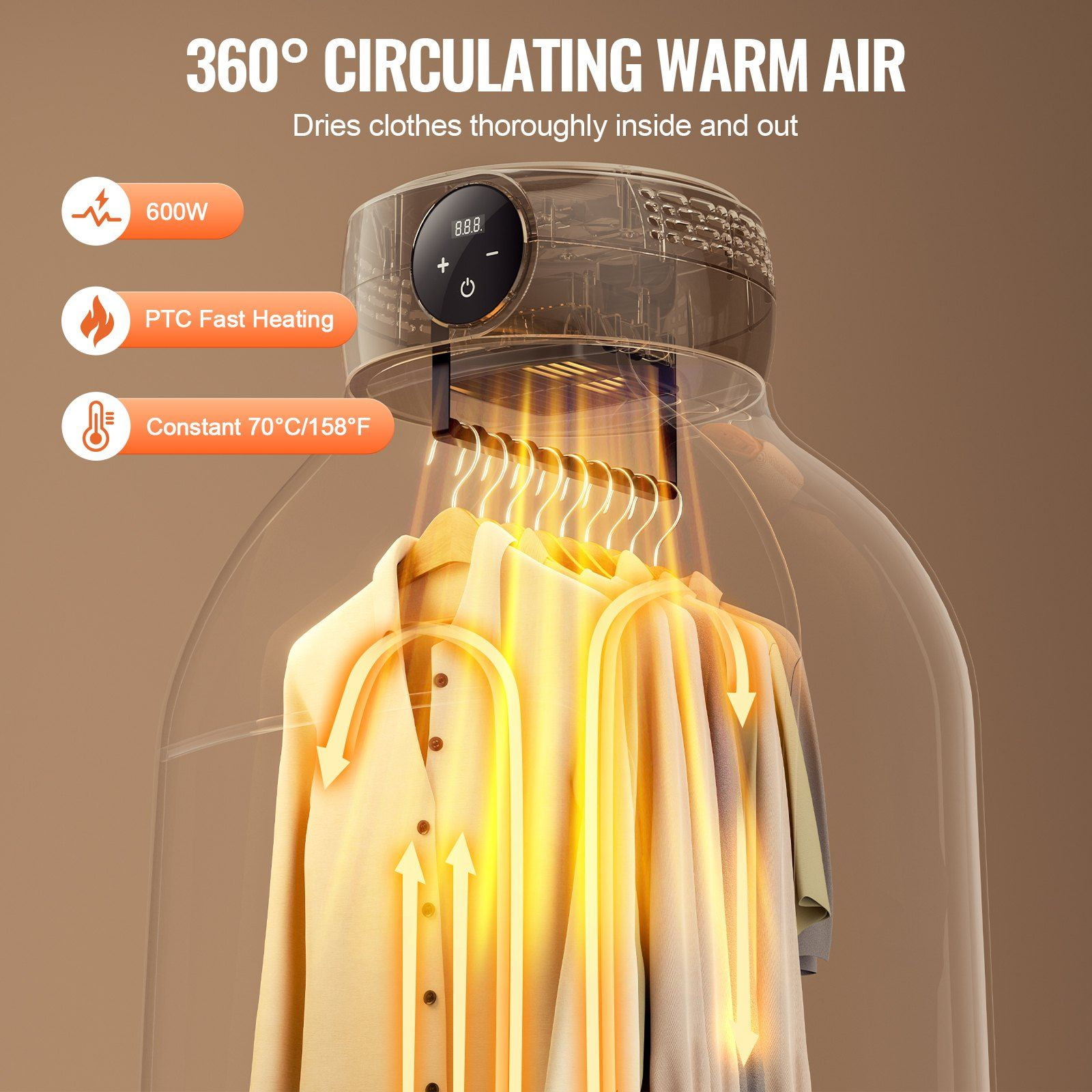 Portable Clothes Dryer, 600W Foldable Mini Dryer w/ PTC Heating, LED Display & 5H Timer, Includes Dryer Bag for Apartments, Dorms, RVs, Travel - Beige