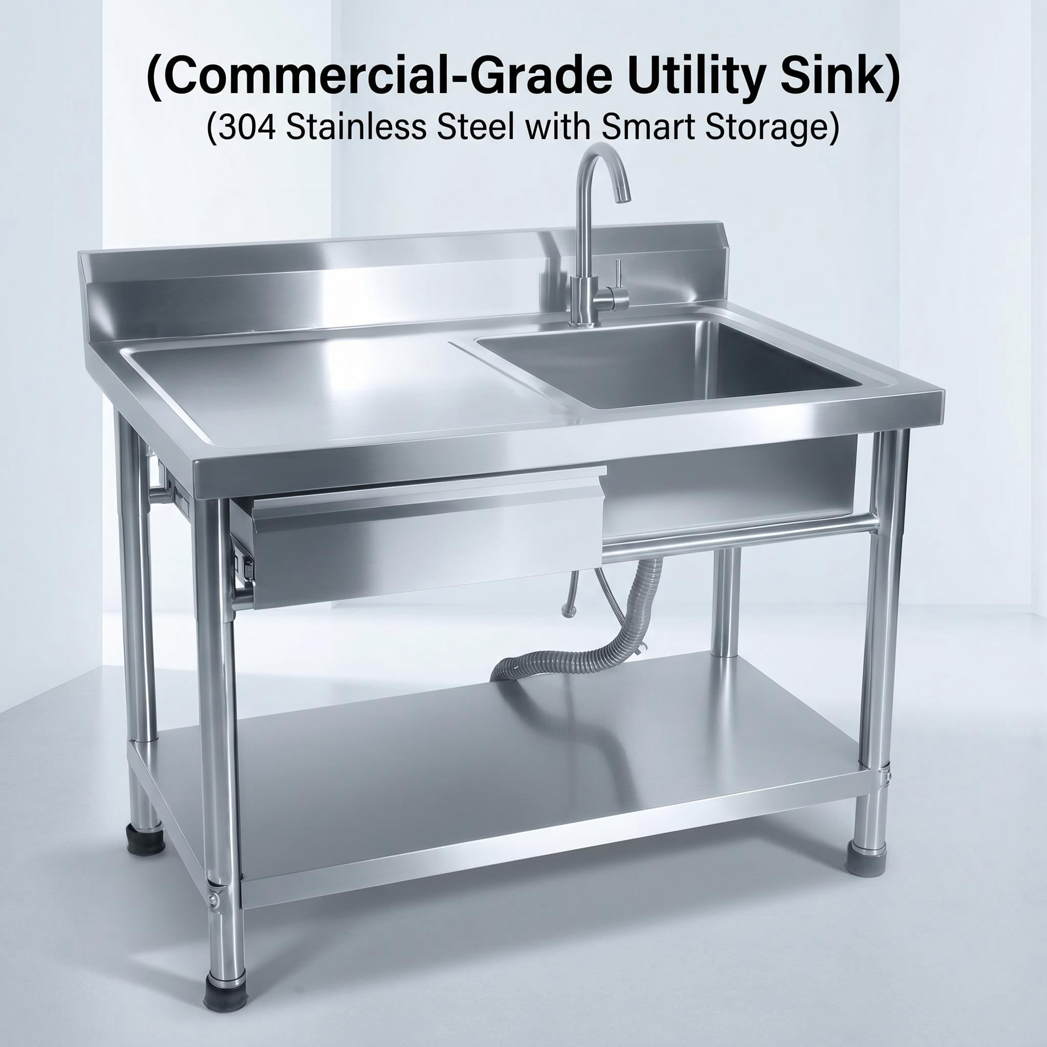 304 Stainless Steel Utility Sink, Commercial Restaurant Kitchen Sink for Restaurants Laundry Rooms and Home Use, Free Standing Stainless Steel Single Bowl with Drawer and Adjustable Lower Shelf