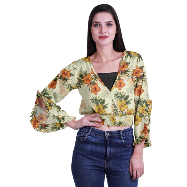 Moomaya Haut Court Imprimé pour Femmes Style Enveloppant Manches Longues à Volants Blouse d'Été Décontractée