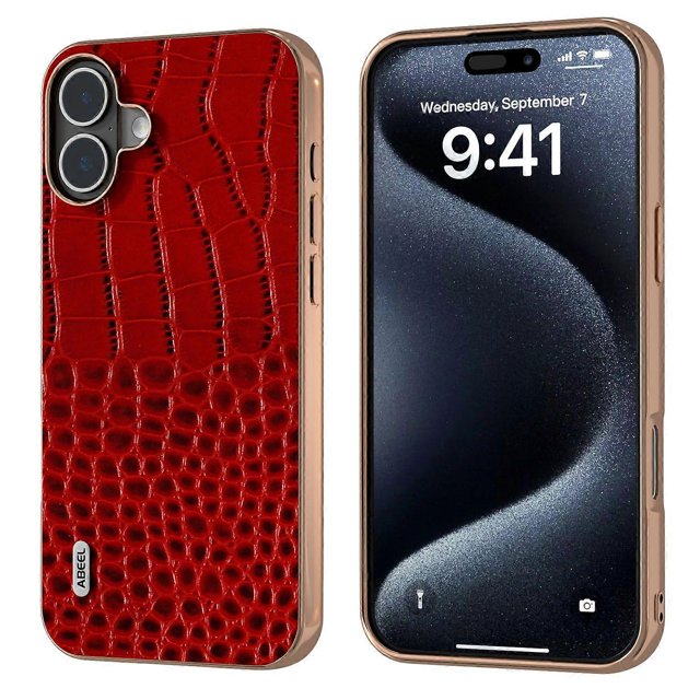 ABEEL For iPhone 16 Plus Case Electroplating Edge Crocodile Texture Genuine Cow Leather Back Phone C
