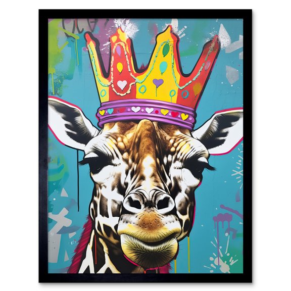 Giraffe With Queen Birthday Crown Modern Pop Art Art Print Framed Poster Wall Decor 12x16 inch