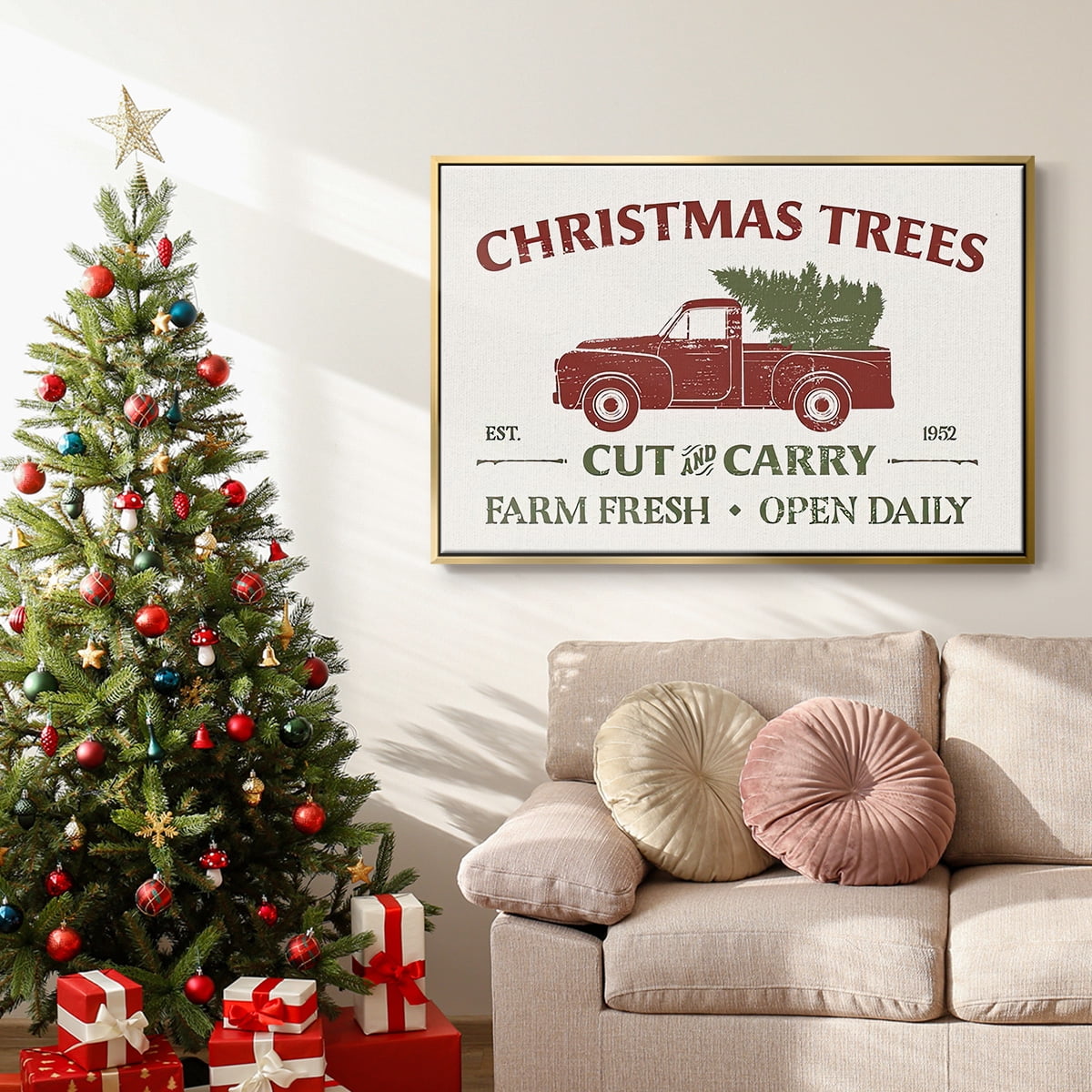 Christmas Farm Sign Collection A - Framed Gallery Wrapped Holiday Canvas - 25 x 37 - Gold Frame