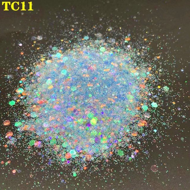 20 g/bolsa láser hexágono holográfico brillo grueso puntas de uñas polvo de brillo copos de sirena brillo resina cristal barro Tan Jianjun unisex