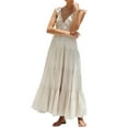 thumbnail image 3 of Women'S Summer Flowy Maxi Dress Casual Sleeveless V Neck Smocked Beach Sundress Apricot S, 3 of 9