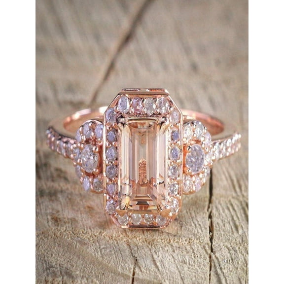 1.25 Carat Peach Pink Morganite (emerald cut Morganite) and Diamond Engagement Ring in 10k Rose Gold